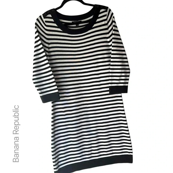 BANANA REPUBLIC FACTORY NWOT BLACK & WHITE STRIPED COTTON KNIT DRESS | MEDIUM - Picture 1 of 9